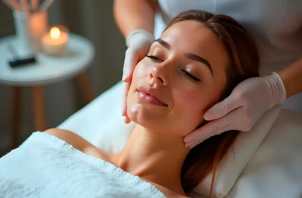 Woman receiving a relaxing facial treatment at a spa, skincare therapy.