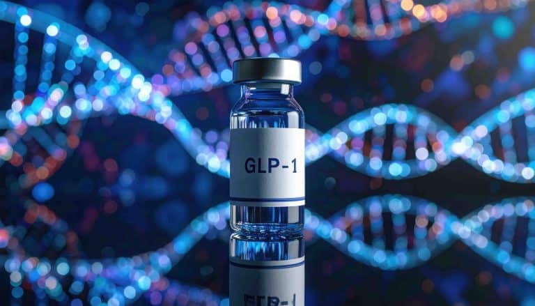 A vial labelled GLP-1 in front of illuminated DNA strands