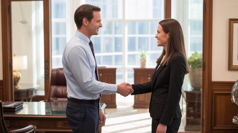 Two advisors shaking hands in a wood-panelled office after closing a deal
