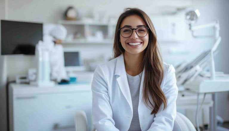 A dental practitioner smiling in a bright, modern treatment room
